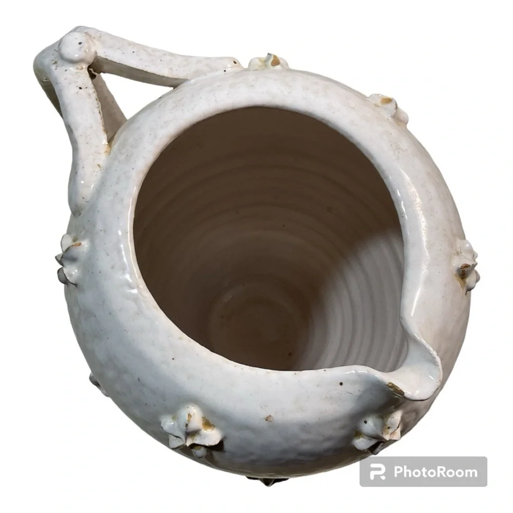 Vintage Handmade White Ceramic Pitcher Floral Cottagecore Vase